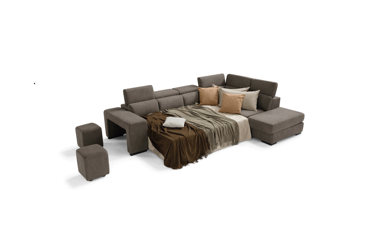 TALENTO divano 3 posti max, angolo terminale con pouf contenitore - apertura letto KOMODO
