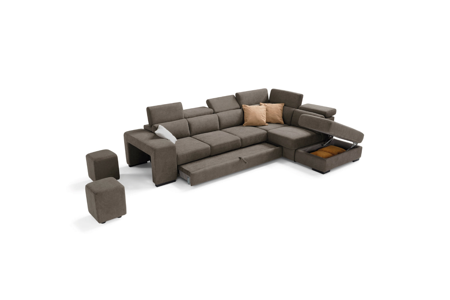 TALENTO divano 3 posti max, angolo terminale con pouf contenitore - apertura letto KOMODO