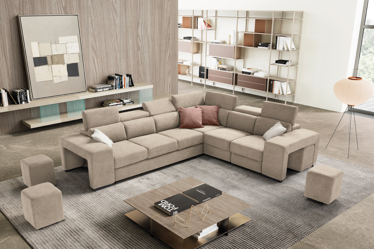 TALENTO divano 3 posti max, angolo terminale e poltrona jolly con cassetto portaoggetti - apertura letto KOMODO