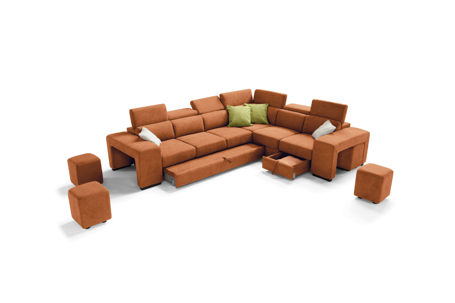 TALENTO divano 3 posti max, angolo terminale e poltrona jolly con cassetto portaoggetti - apertura letto KOMODO