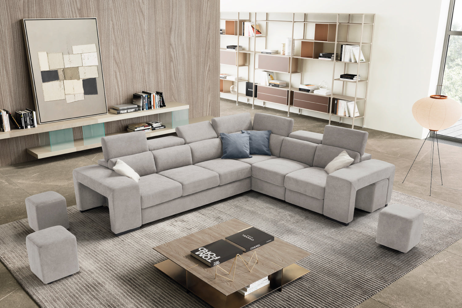 TALENTO divano 3 posti max, angolo terminale e poltrona jolly con cassetto portaoggetti - apertura letto KOMODO