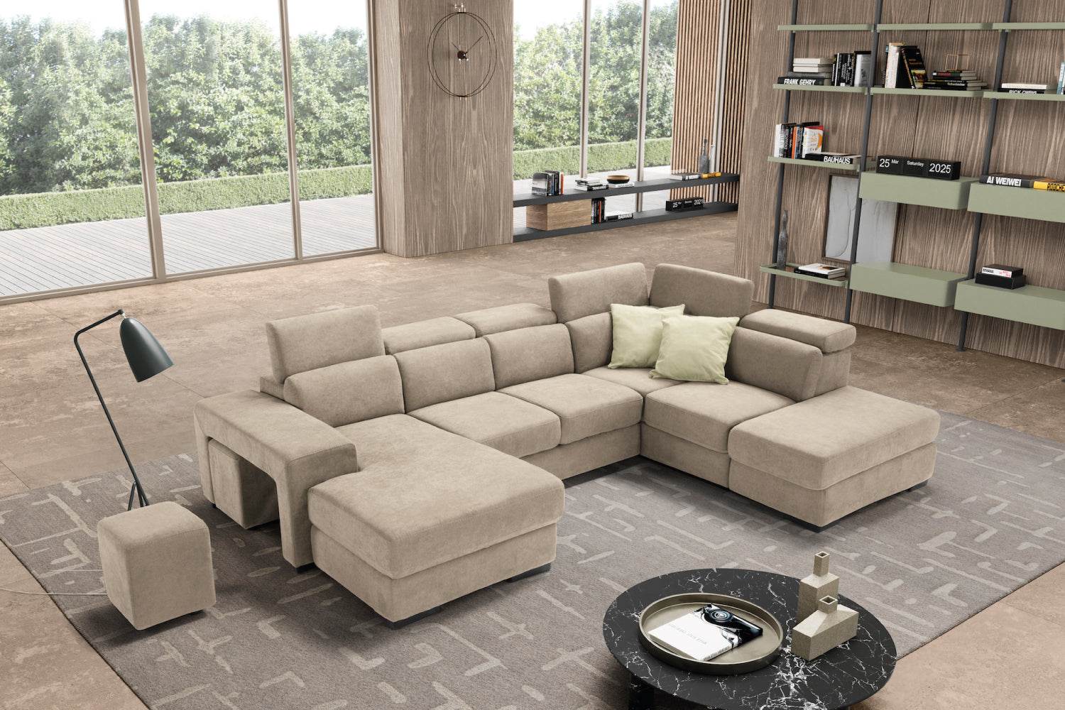 TALENTO divano chaise longue 2 posti con angolo terminale e pouf contenitore - apertura letto KOMODO