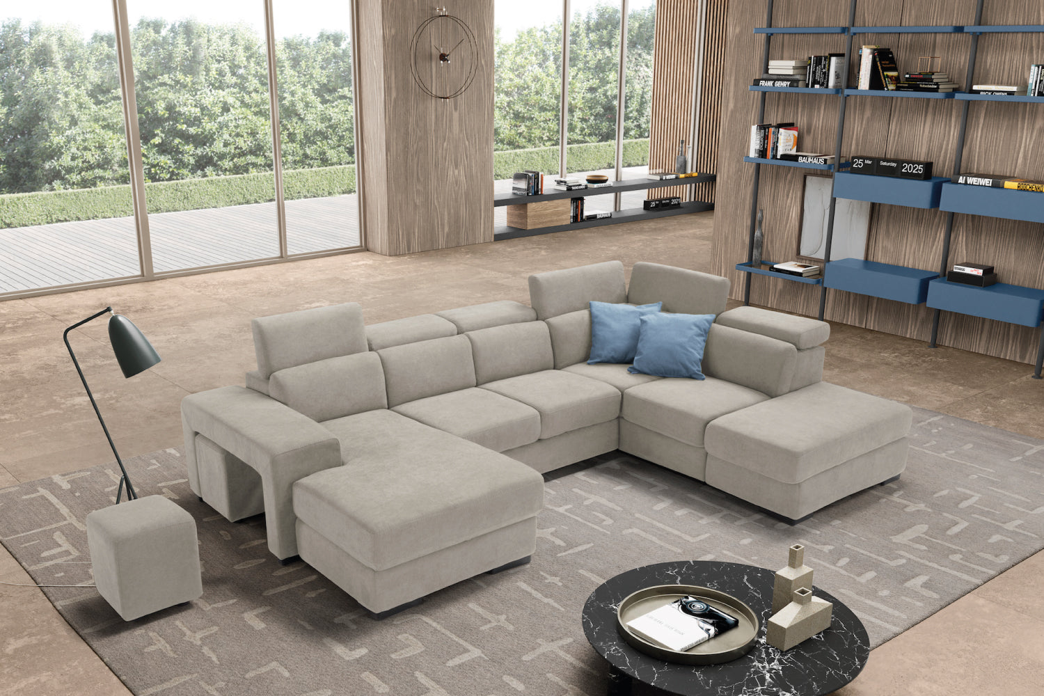 TALENTO divano chaise longue 2 posti con angolo terminale e pouf contenitore - apertura letto KOMODO