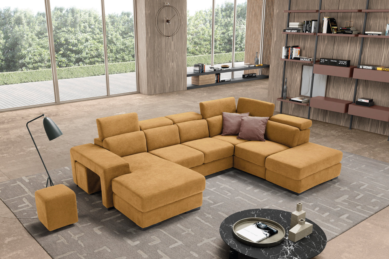 TALENTO divano chaise longue 2 posti con angolo terminale e pouf contenitore - apertura letto KOMODO