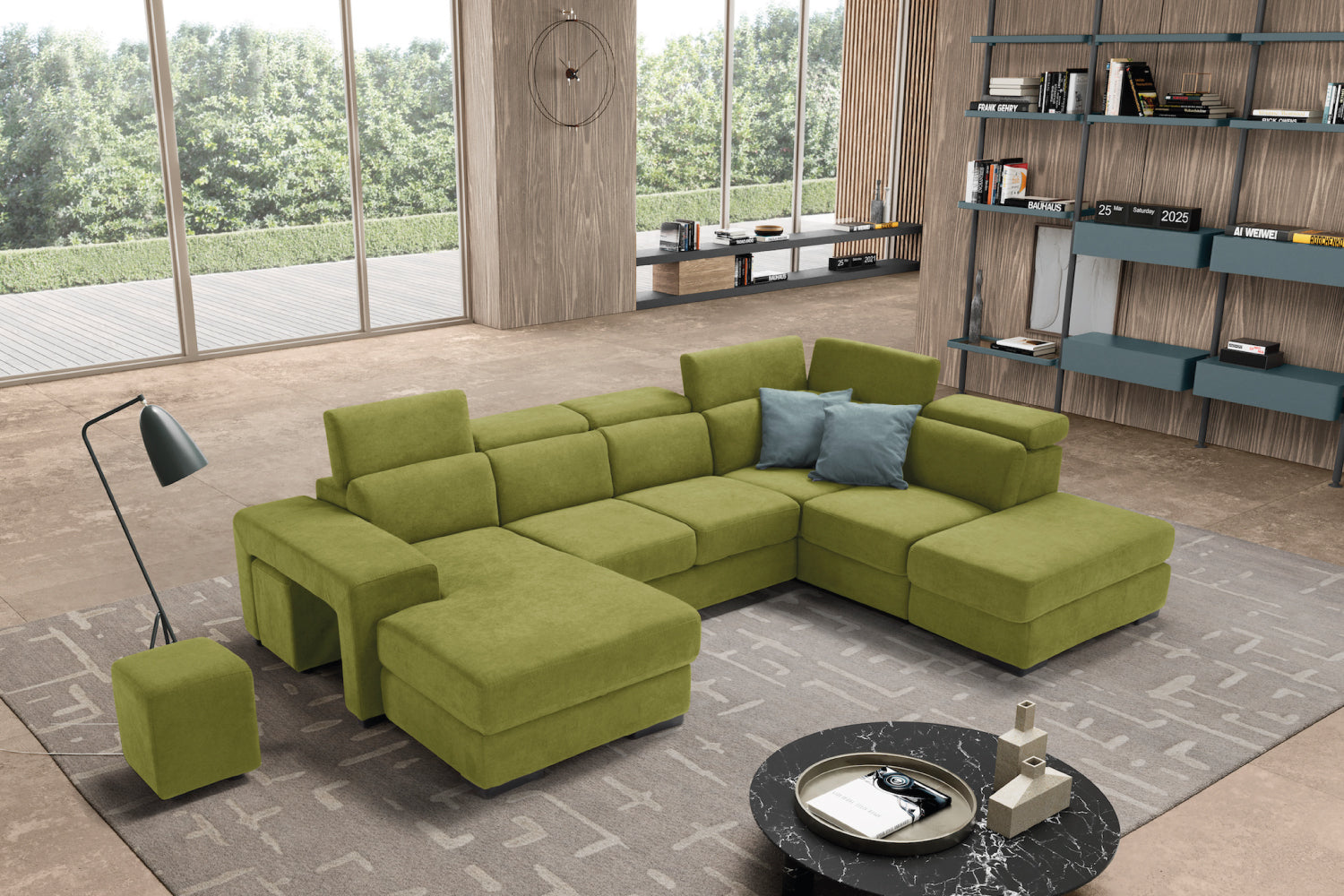 TALENTO divano chaise longue 2 posti con angolo terminale e pouf contenitore - apertura letto KOMODO