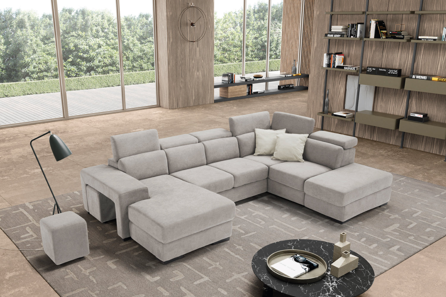 TALENTO divano chaise longue 2 posti con angolo terminale e pouf contenitore - apertura letto KOMODO