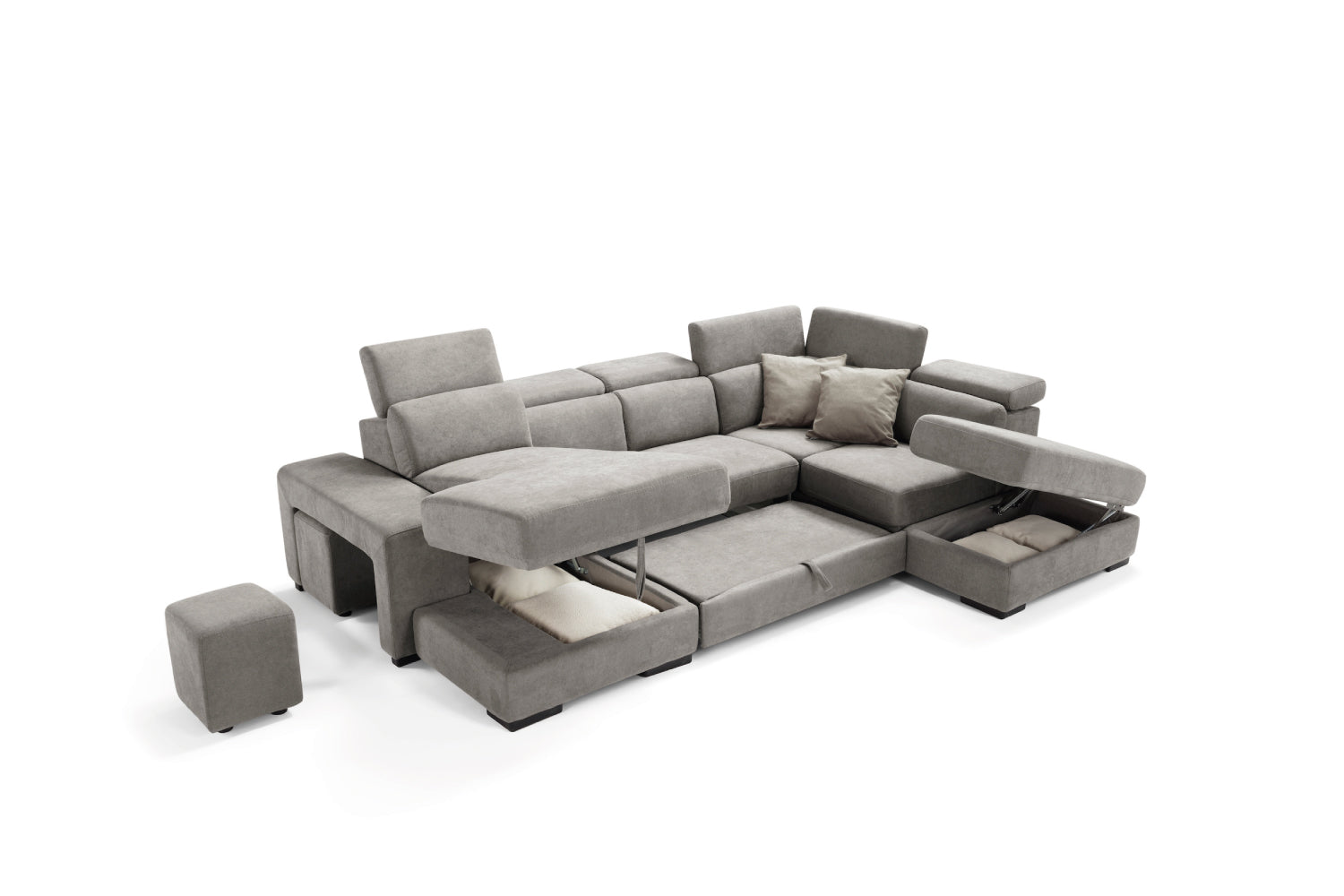 TALENTO divano chaise longue 2 posti con angolo terminale e pouf contenitore - apertura letto KOMODO