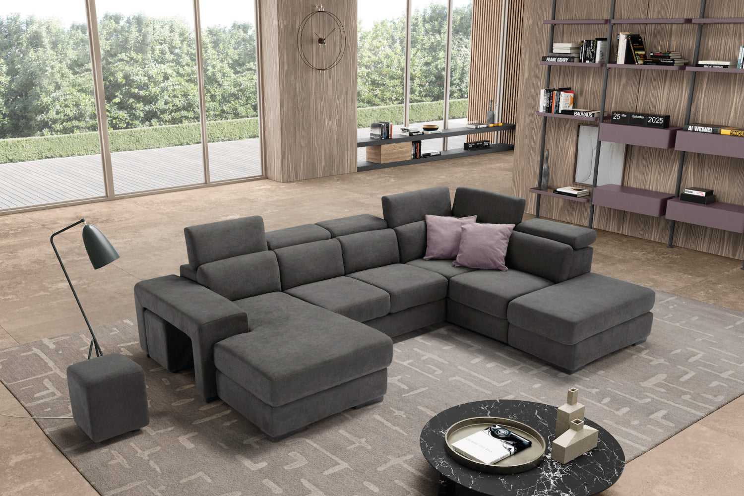 TALENTO divano chaise longue 2 posti con angolo terminale e pouf contenitore - apertura letto KOMODO